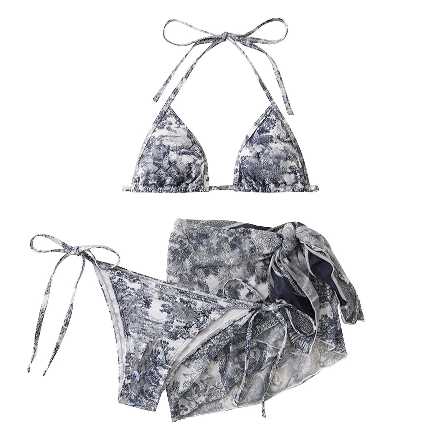 Female Bathing Suit Women'S 3 Piece Ink Wash Tie Dye Bikini Set With Sheer Sunscreen Poncho Swimsuit 2024 Summer Beach Wear