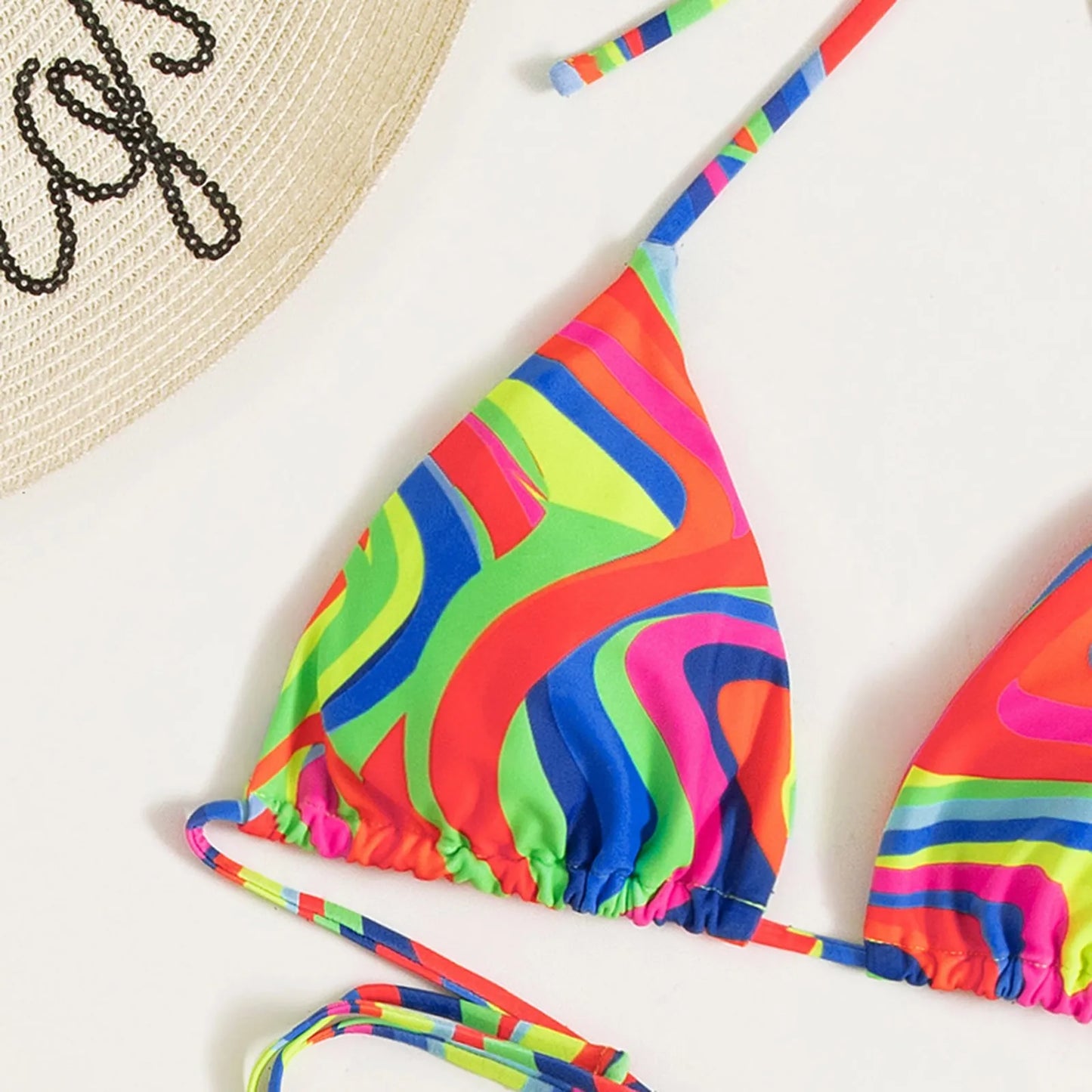 Women's Colorful Printed Bikini Set Tassel Splicing Hanging Neck Crisscross Bandage Swimwear Summer Charming Bikini Set 2024