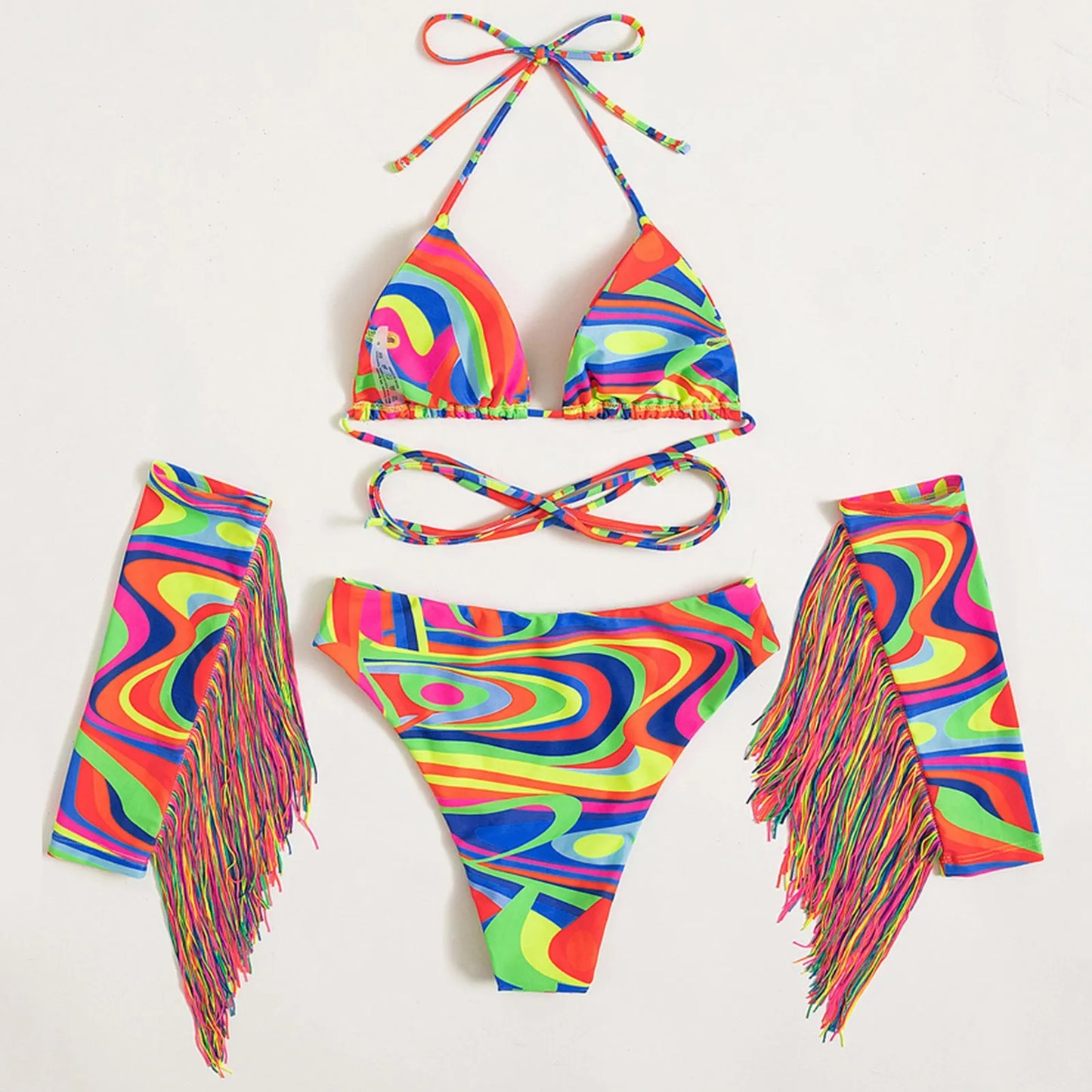 Women's Colorful Printed Bikini Set Tassel Splicing Hanging Neck Crisscross Bandage Swimwear Summer Charming Bikini Set 2024