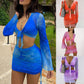 Women'S Sexy Long Sleeve Swimwear 2 Pieces Sheer Mesh Cover Up Dress Crop Top Bodycon Ruched Mini Skirt Sets Swimsuit 2024 Trend