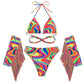 Women's Colorful Printed Bikini Set Tassel Splicing Hanging Neck Crisscross Bandage Swimwear Summer Charming Bikini Set 2024