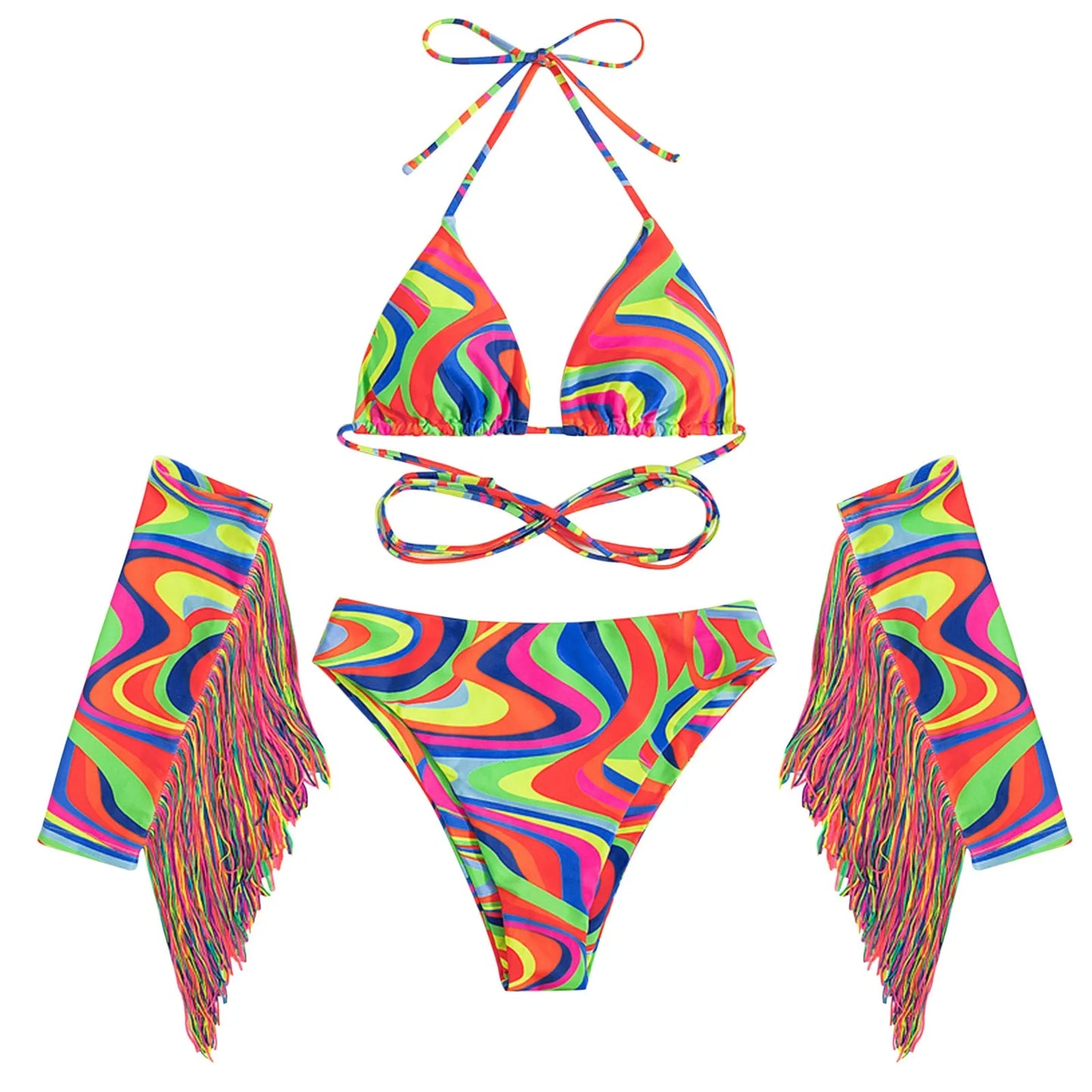 Women's Colorful Printed Bikini Set Tassel Splicing Hanging Neck Crisscross Bandage Swimwear Summer Charming Bikini Set 2024