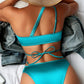 Solid Color High Waist Swimsuit for Women 2023 2-Piece Bikini Sexy Cross V-neck Suspender Backless Bathing Suit Beach Swimwear