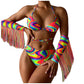 Women's Colorful Printed Bikini Set Tassel Splicing Hanging Neck Crisscross Bandage Swimwear Summer Charming Bikini Set 2024