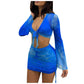 Women'S Sexy Long Sleeve Swimwear 2 Pieces Sheer Mesh Cover Up Dress Crop Top Bodycon Ruched Mini Skirt Sets Swimsuit 2024 Trend