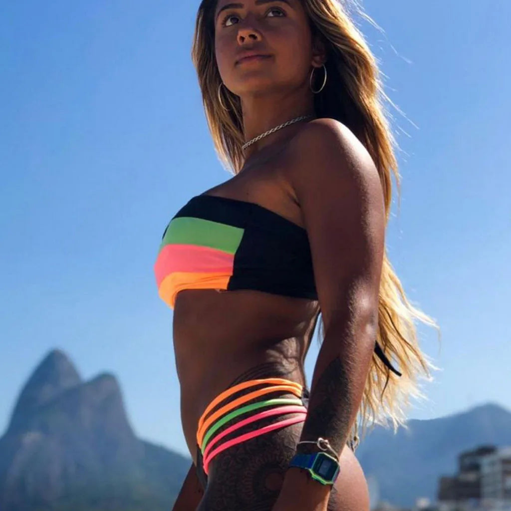 Rainbow Crop Tube Swimsuits Bathing Suit Push-Up Beachwear Women String Lace Up Bikini Set Swimwear Padded Bra Bathing Suits