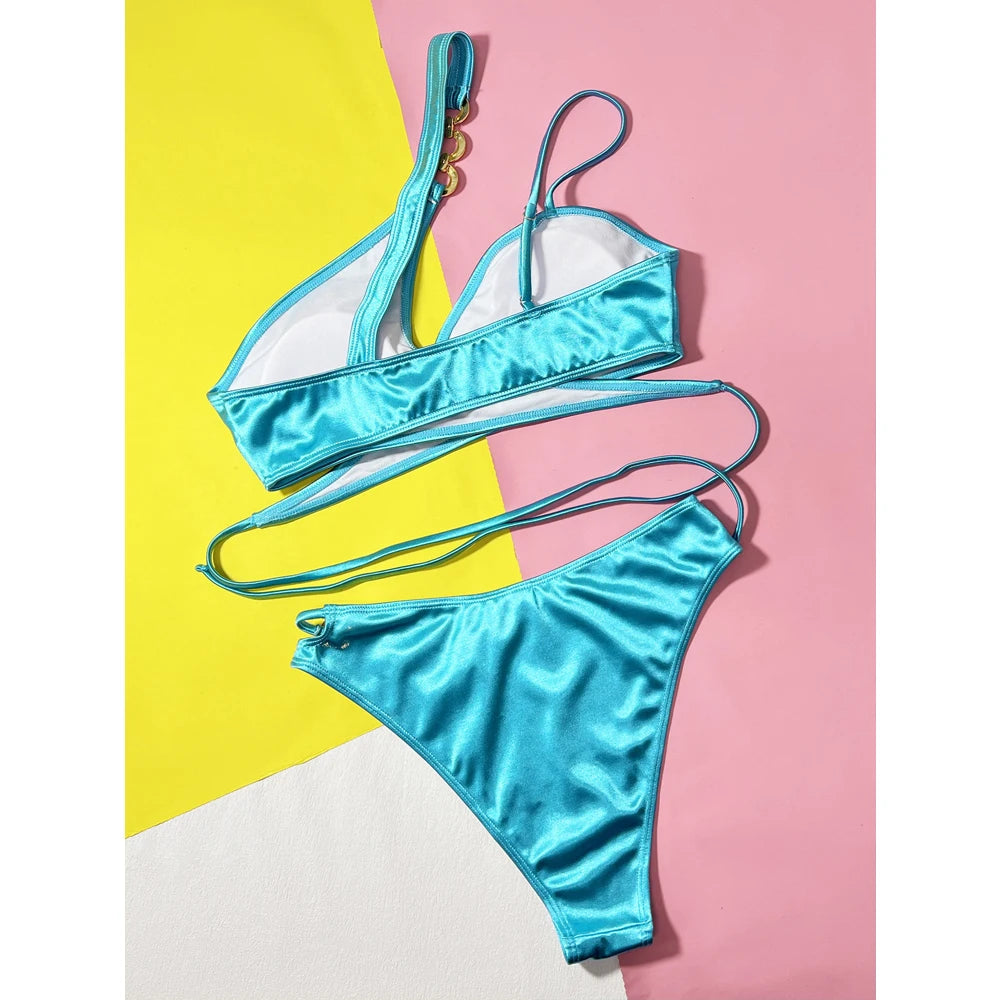 Solid Color High Waist Swimsuit for Women 2023 2-Piece Bikini Sexy Cross V-neck Suspender Backless Bathing Suit Beach Swimwear